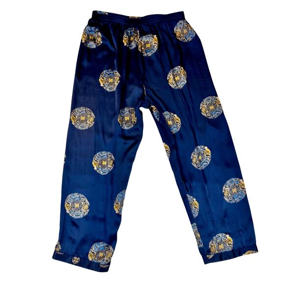 Other Other - Silk Wide Leg Pants Women's XL Navy Gold Dragon Luxury Loungewear Chinoiserie